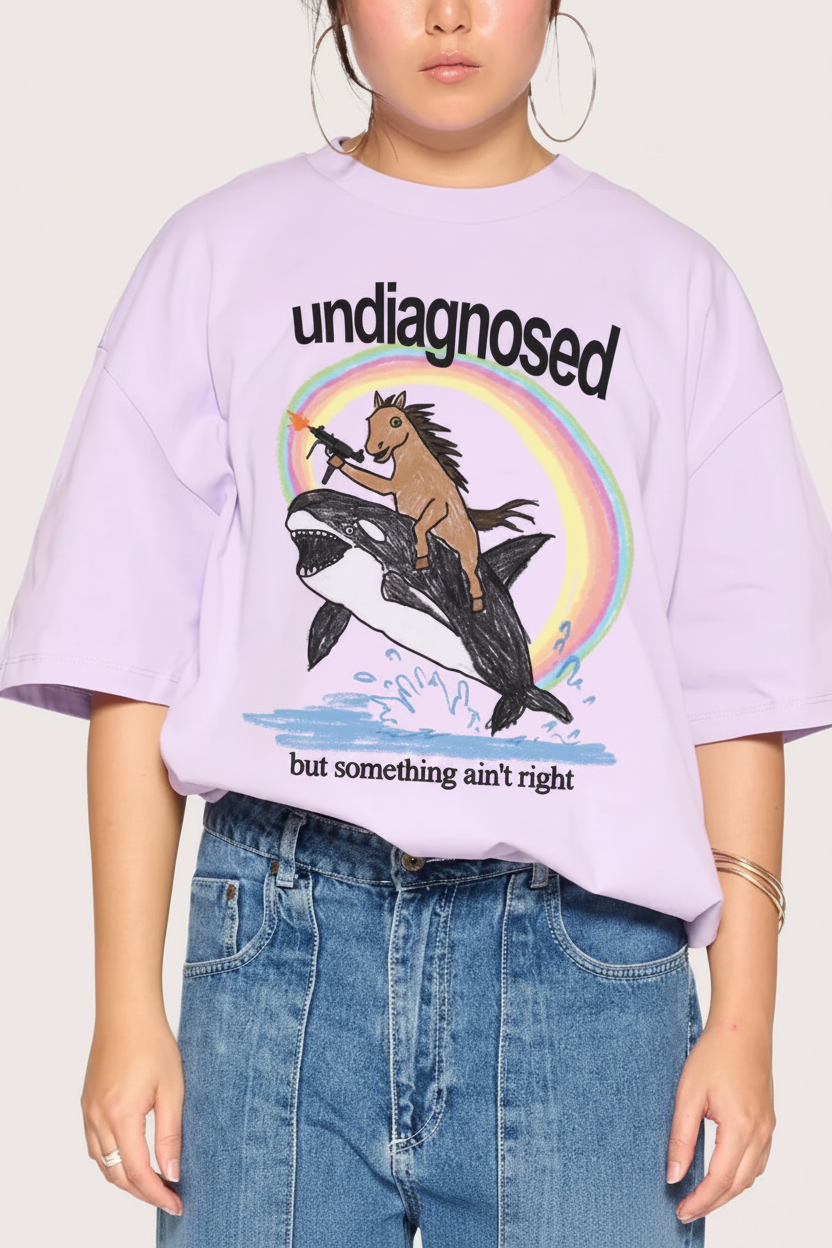 Undiagnosed Oversized T-Shirt in Lilac – Pferd auf Orca mit Regenbogen-Print, Boxy Fit
