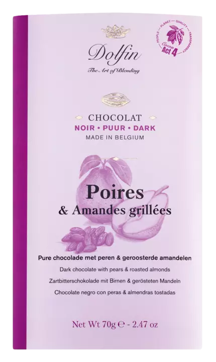 Belgische Zartbitterschokolade mit Birne und gerösteten Mandeln - Frau Gold