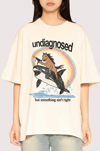 Undiagnosed Oversized T-Shirt in Natural – Pferd auf Orca mit Regenbogen-Print, Boxy Fit