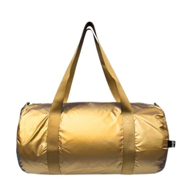 „LOQI METALLIC Gold Large Weekender – großer Weekender in glänzendem Metallic-Gold mit abnehmbarem Schultergurt und Außentasche, 25 × 50 × 25 cm"

