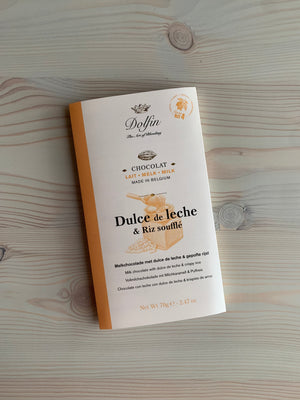 Belgische Vollmilchschokolade mit Dulce de Leche und Puffreis